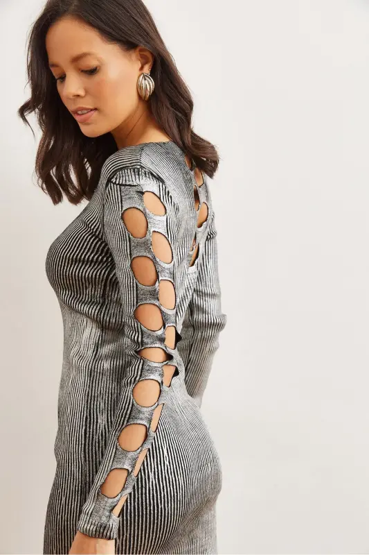 Women's Silver V Neck Back and Arm Detailed Metallic T - OLALOOK