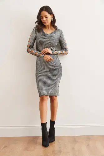 Women's Silver V Neck Back and Arm Detailed Metallic T - 3