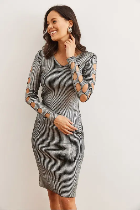 Women's Silver V Neck Back and Arm Detailed Metallic T - 4