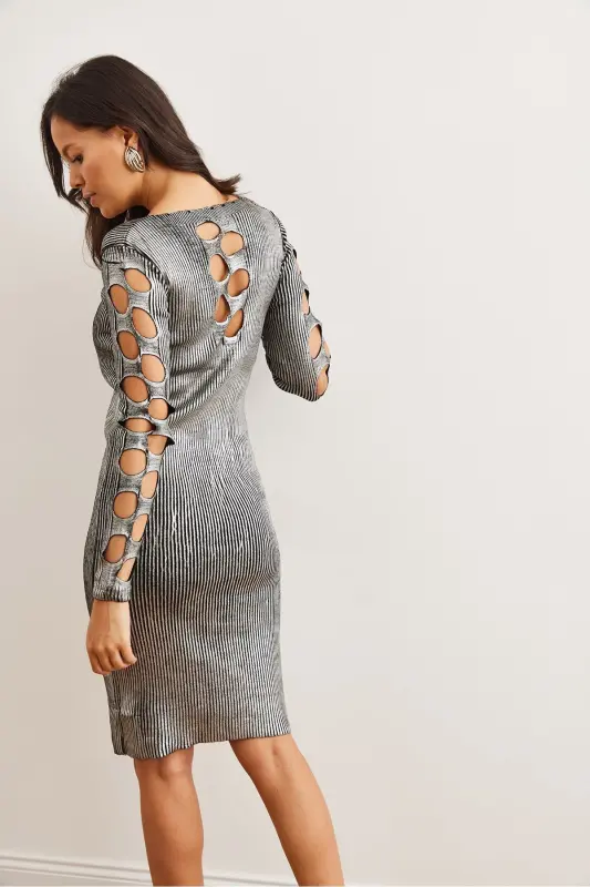 Women's Silver V Neck Back and Arm Detailed Metallic T - 5