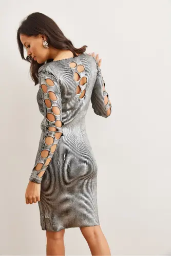 Women's Silver V Neck Back and Arm Detailed Metallic T - 6