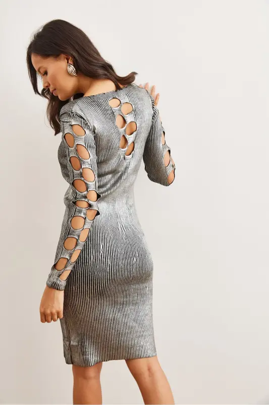 Women's Silver V Neck Back and Arm Detailed Metallic T - 6