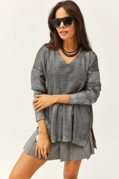 Women's Silver V Neck Loose Metallic Knit Sweater KZK-19000724 - OLALOOK