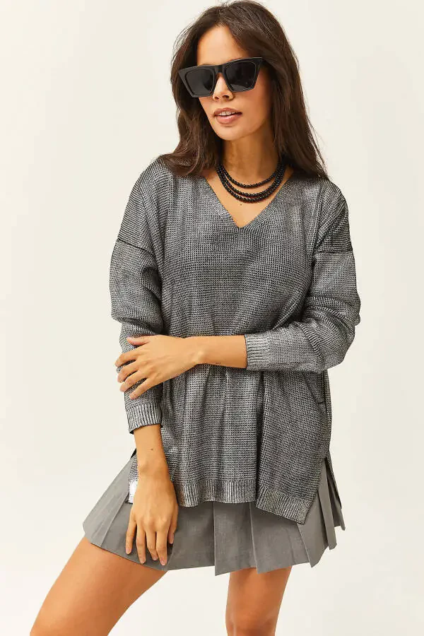 Women's Silver V Neck Loose Metallic Knit Sweater KZK-19000724 - 1