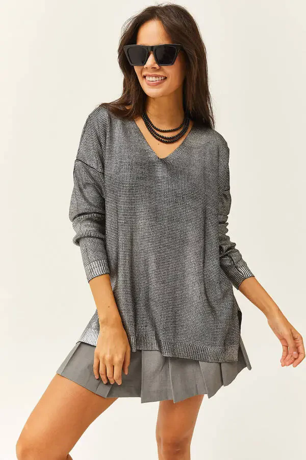 Women's Silver V Neck Loose Metallic Knit Sweater KZK-19000724 - 2