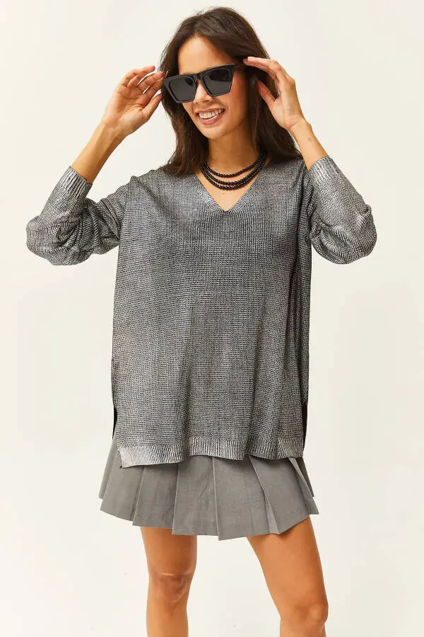Women's Silver V Neck Loose Metallic Knit Sweater KZK-19000724 - 3