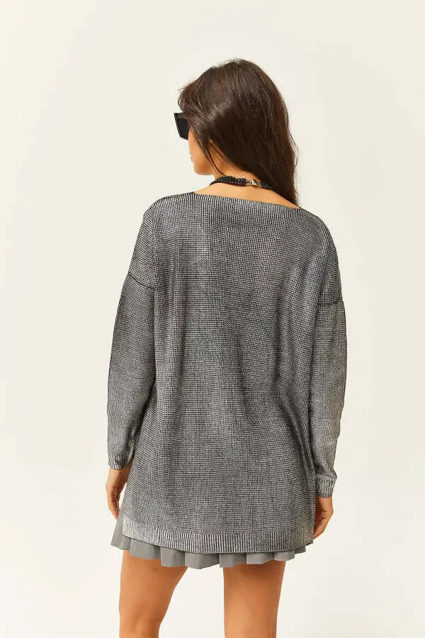 Women's Silver V Neck Loose Metallic Knit Sweater KZK-19000724 - 5