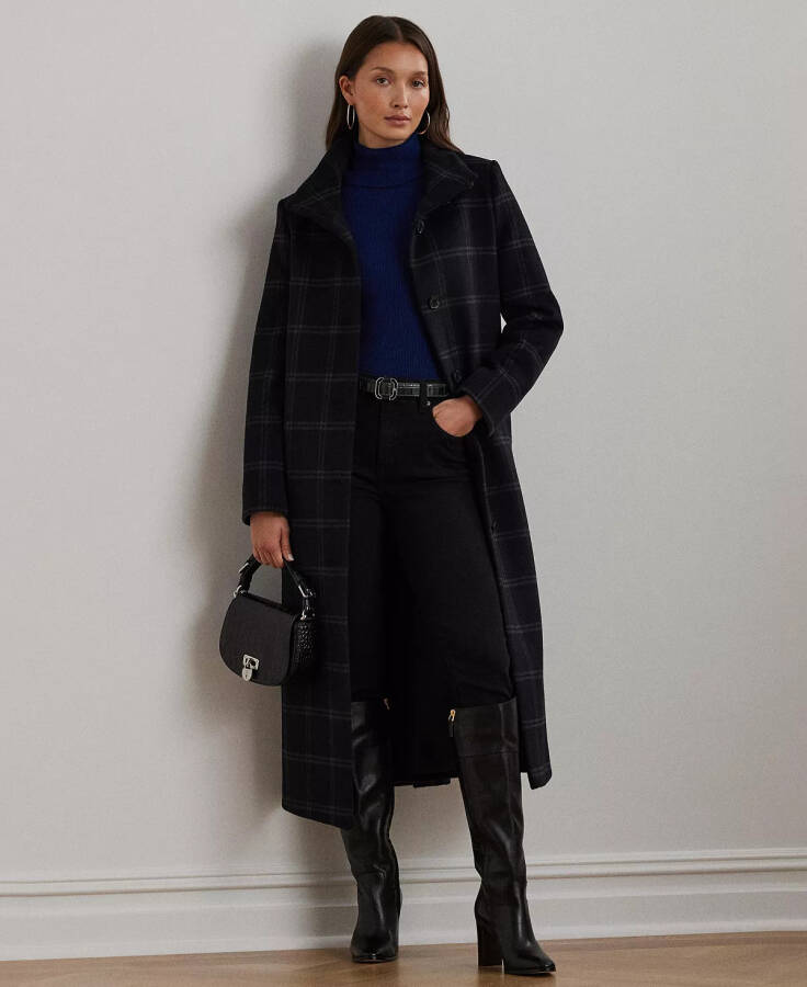 Women's Single-Breasted Stand-Collar Maxi Coat Navy/Grey Windowpane - 1