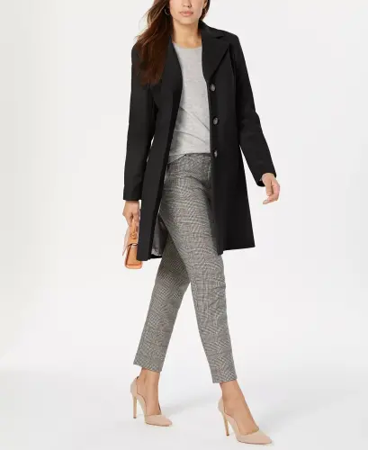 Womens Single-Breasted Wool Blend Coat-Black 