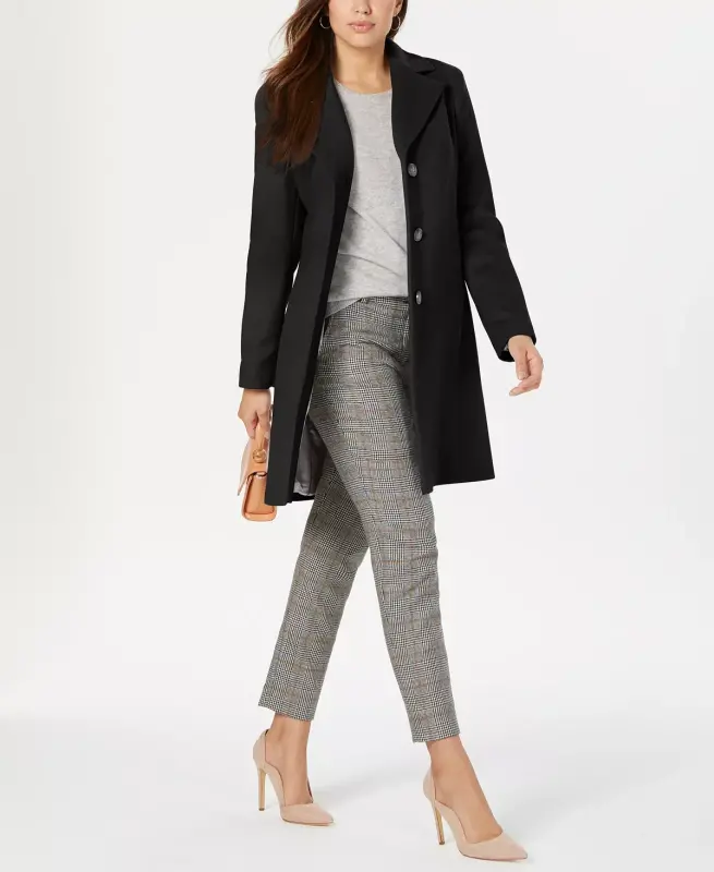 Womens Single-Breasted Wool Blend Coat-Black - CALVIN KLEIN
