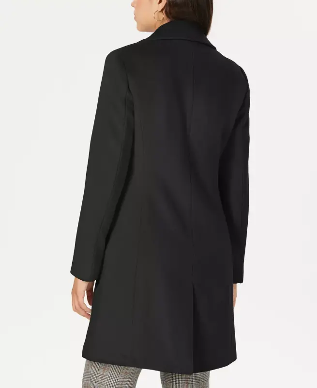 Womens Single-Breasted Wool Blend Coat-Black - 2
