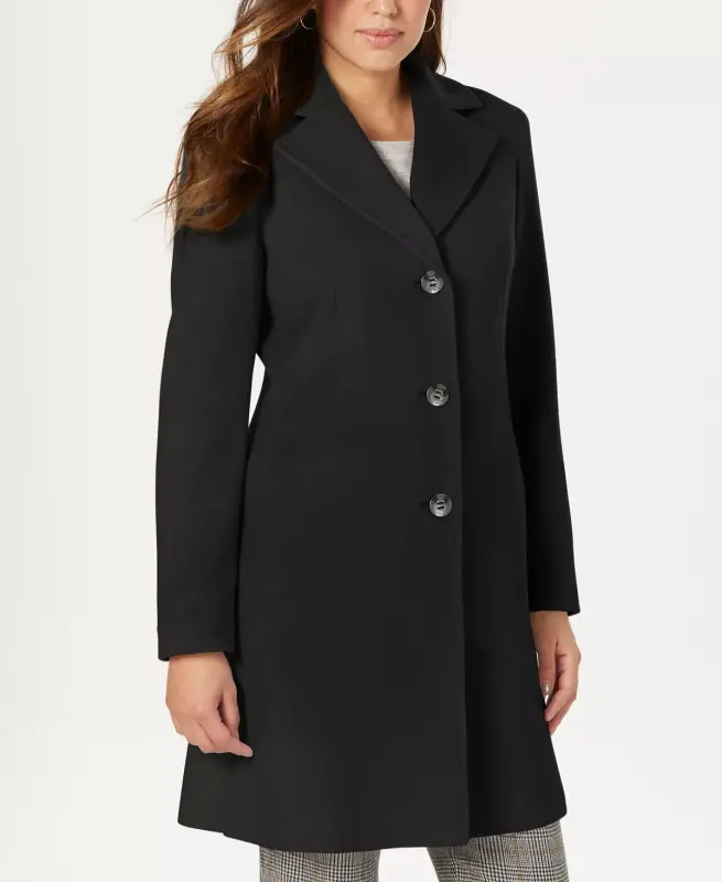 Womens Single-Breasted Wool Blend Coat-Black - 3