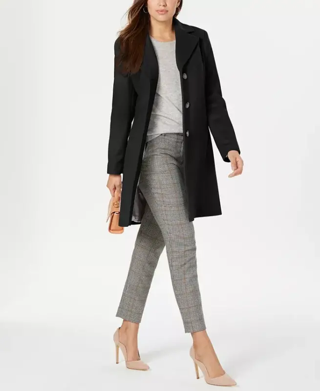 Womens Single-Breasted Wool Blend Coat-Black - 1