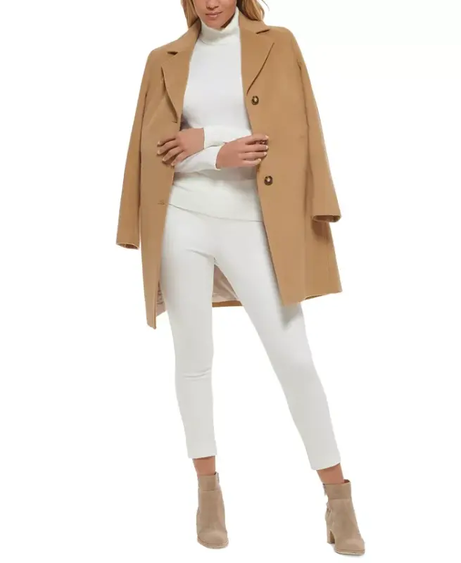 Womens Single-Breasted Wool Blend Coat - Camel - 1