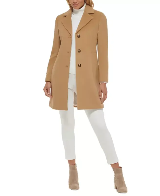 Womens Single-Breasted Wool Blend Coat - Camel - 2