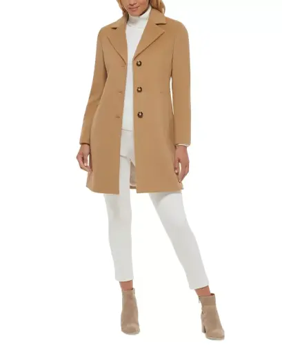 Womens Single-Breasted Wool Blend Coat - Camel - 2