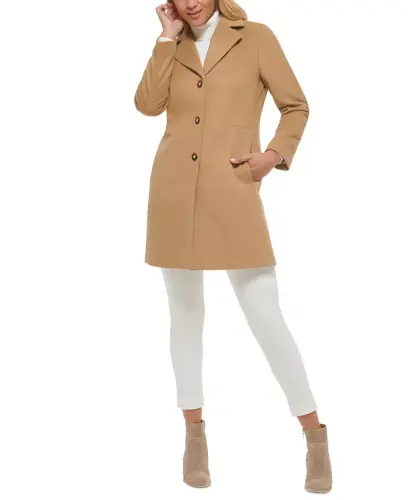 Womens Single-Breasted Wool Blend Coat - Camel - 5