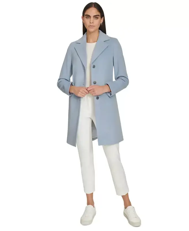 Womens Single-Breasted Wool Blend Coat - Chambray - CALVIN KLEIN