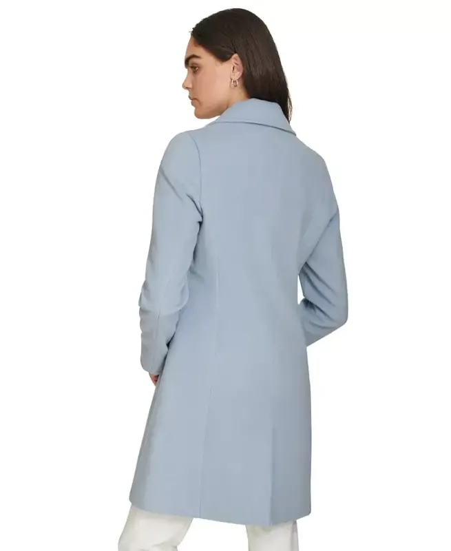 Womens Single-Breasted Wool Blend Coat - Chambray - 2