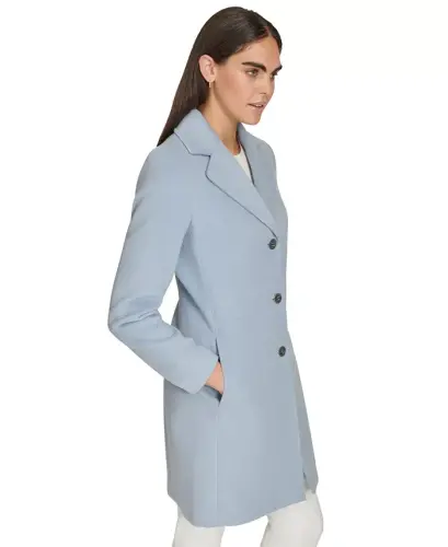 Womens Single-Breasted Wool Blend Coat - Chambray - 3