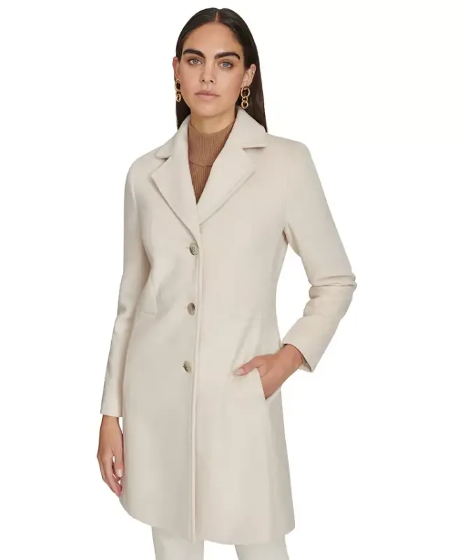 Womens Single-Breasted Wool Blend Coat - Nude - CALVIN KLEIN
