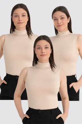 Women's Skin Ribbed Mock Neck Sleeveless Bodysuit 3-Pack - 1