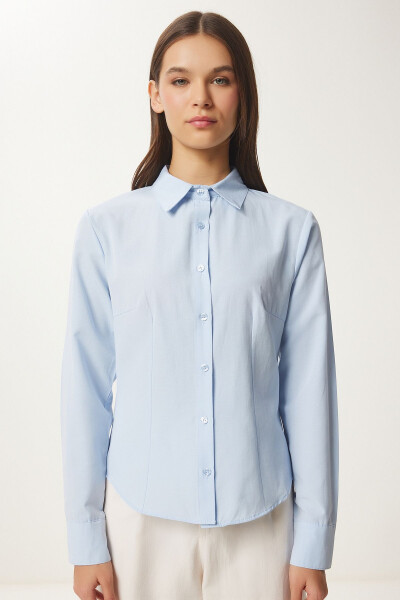 Women's Sky Blue Button-Down Basic Shirt RQ00001 - 3