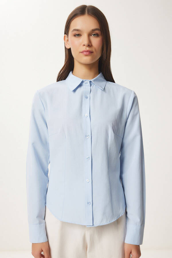 Women's Sky Blue Button-Down Basic Shirt RQ00001 - 3