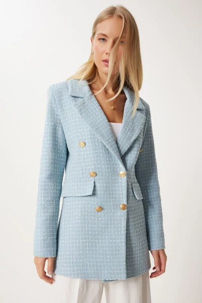 Women's Sky Blue Buttoned Blazer Tweed Jacket WF00004 - HAPPINESS İSTANBUL