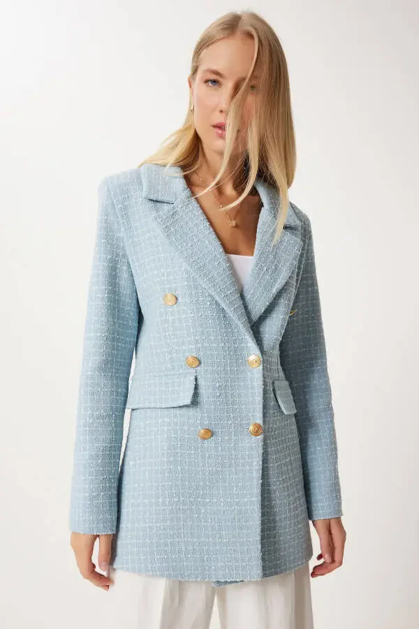 Women's Sky Blue Buttoned Blazer Tweed Jacket WF00004 - 1