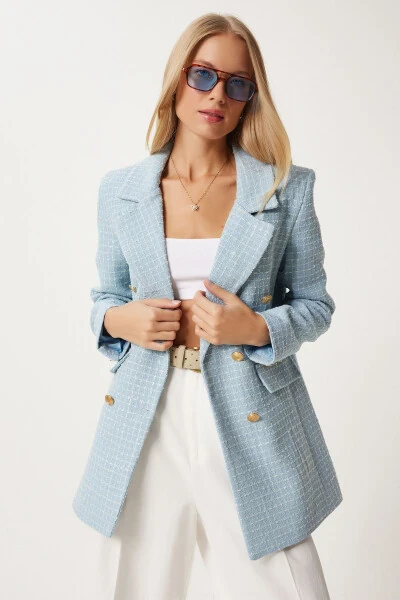 Women's Sky Blue Buttoned Blazer Tweed Jacket WF00004 - HAPPINESS İSTANBUL (1)