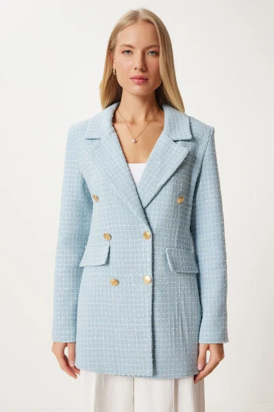 Women's Sky Blue Buttoned Blazer Tweed Jacket WF00004 - 4