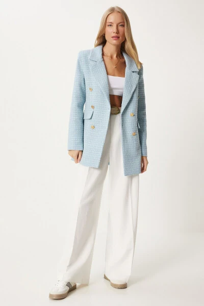 Women's Sky Blue Buttoned Blazer Tweed Jacket WF00004 - 5