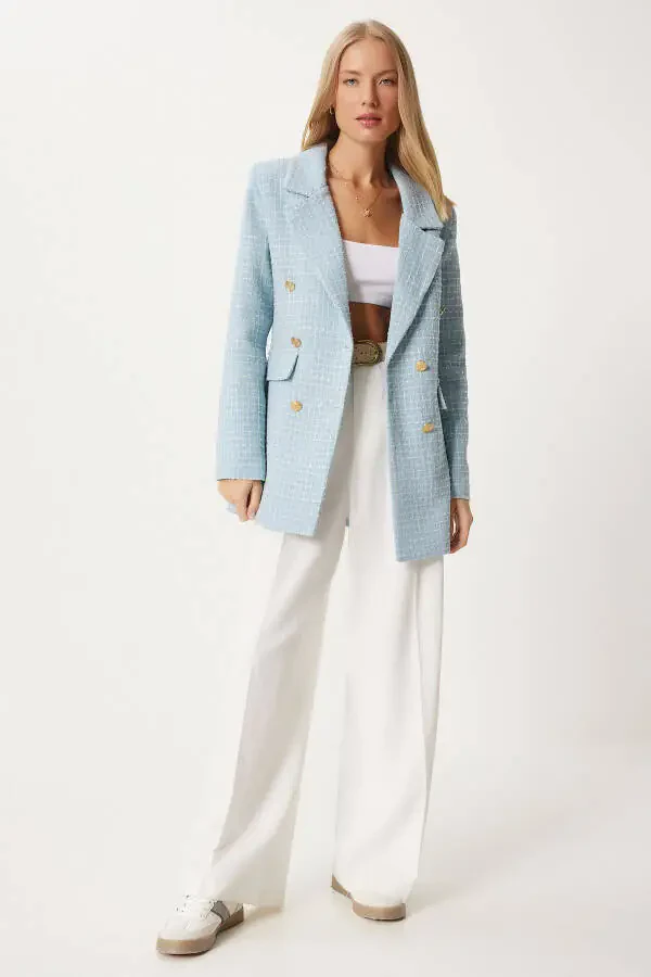 Women's Sky Blue Buttoned Blazer Tweed Jacket WF00004 - 5