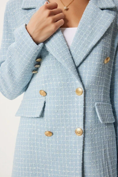 Women's Sky Blue Buttoned Blazer Tweed Jacket WF00004 - 6