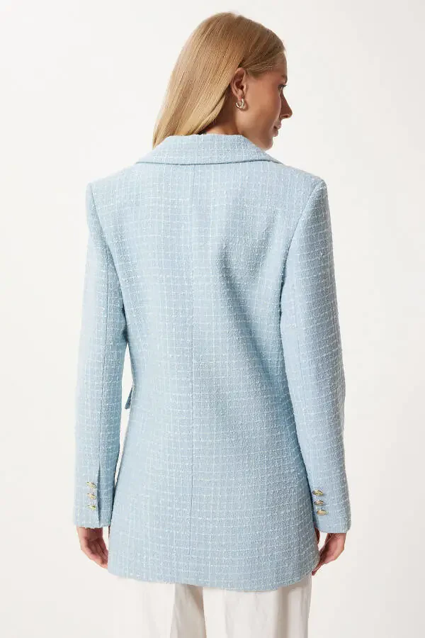 Women's Sky Blue Buttoned Blazer Tweed Jacket WF00004 - 7