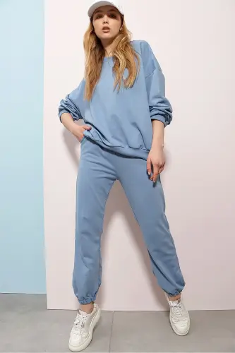 Women's Sky Blue Crew Neck Elastic Waist and Cuff Two-Thread Basic Tracksuit ALC-507-669-001 - 3