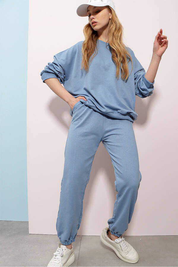 Women's Sky Blue Crew Neck Elastic Waist and Cuff Two-Thread Basic Tracksuit ALC-507-669-001 - 5