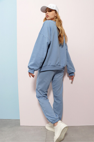 Women's Sky Blue Crew Neck Elastic Waist and Cuff Two-Thread Basic Tracksuit ALC-507-669-001 - 7