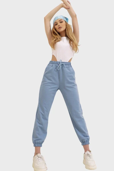 Women's Sky Blue Elastic Cuffed Double Knit Jogger Pants ALC-Y2933 - TREND ALAÇATI STILI (1)