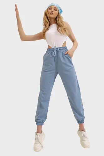 Women's Sky Blue Elastic Cuffed Double Knit Jogger Pants ALC-Y2933 