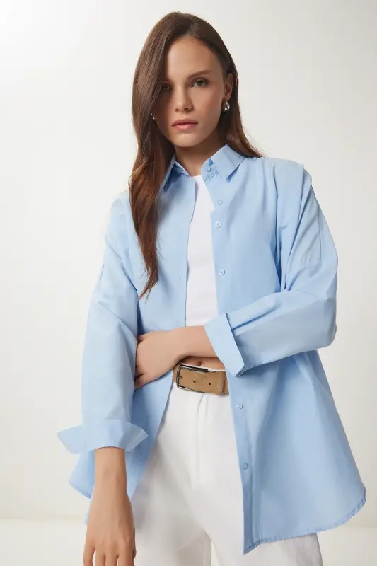 Women's Sky Blue Oversize Long Basic Shirt DD00842 - Sky Blue - 2
