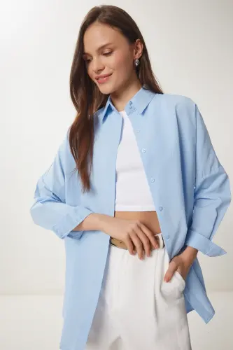 Women's Sky Blue Oversize Long Basic Shirt DD00842 - Sky Blue - 3