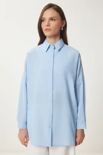 Women's Sky Blue Oversize Long Basic Shirt DD00842 - Sky Blue - 4