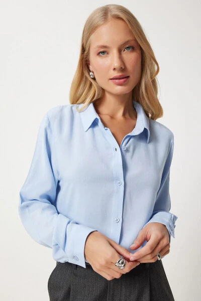 Women's Sky Blue Relaxed Fit Viscose Shirt TO00153 - Happiness İstanbul