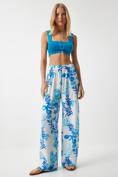 Women's Sky Blue White Patterned Flowy Viscose Palazzo Pants EN00606 