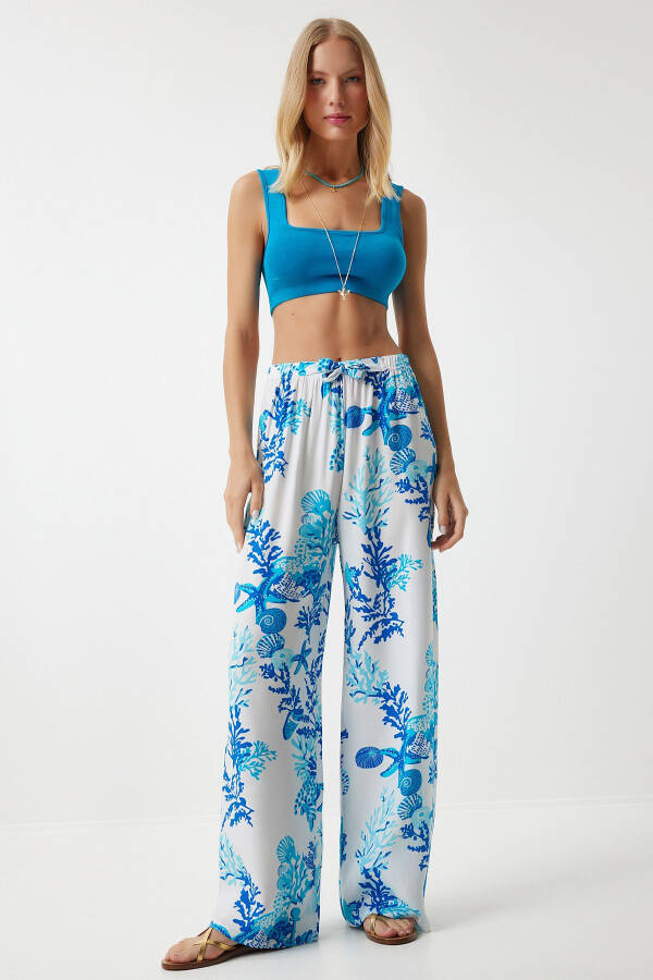 Women's Sky Blue White Patterned Flowy Viscose Palazzo Pants EN00606 - 1