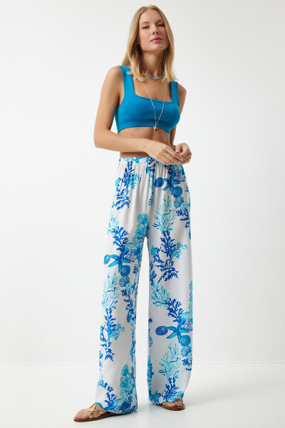 Women's Sky Blue White Patterned Flowy Viscose Palazzo Pants EN00606 - 3