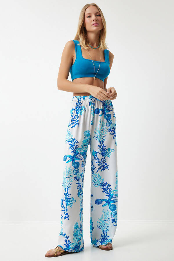 Women's Sky Blue White Patterned Flowy Viscose Palazzo Pants EN00606 - 3