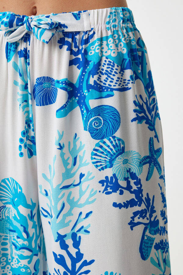 Women's Sky Blue White Patterned Flowy Viscose Palazzo Pants EN00606 - 4